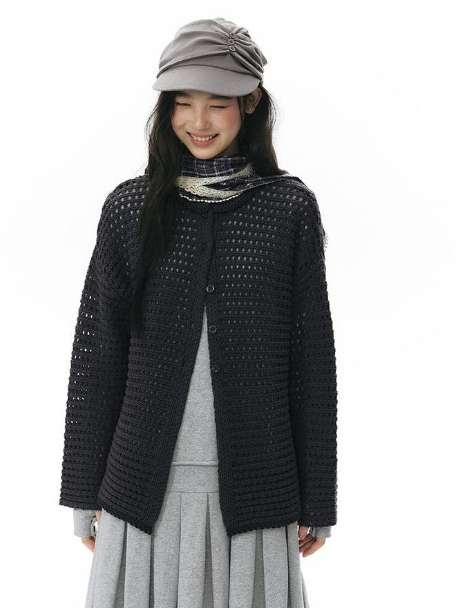 NAPSNAPS Solid Girlish Openwork Knit Crewneck Buttoned Women&