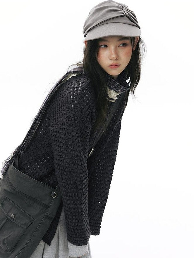 NAPSNAPS Solid Girlish Openwork Knit Crewneck Buttoned Women&