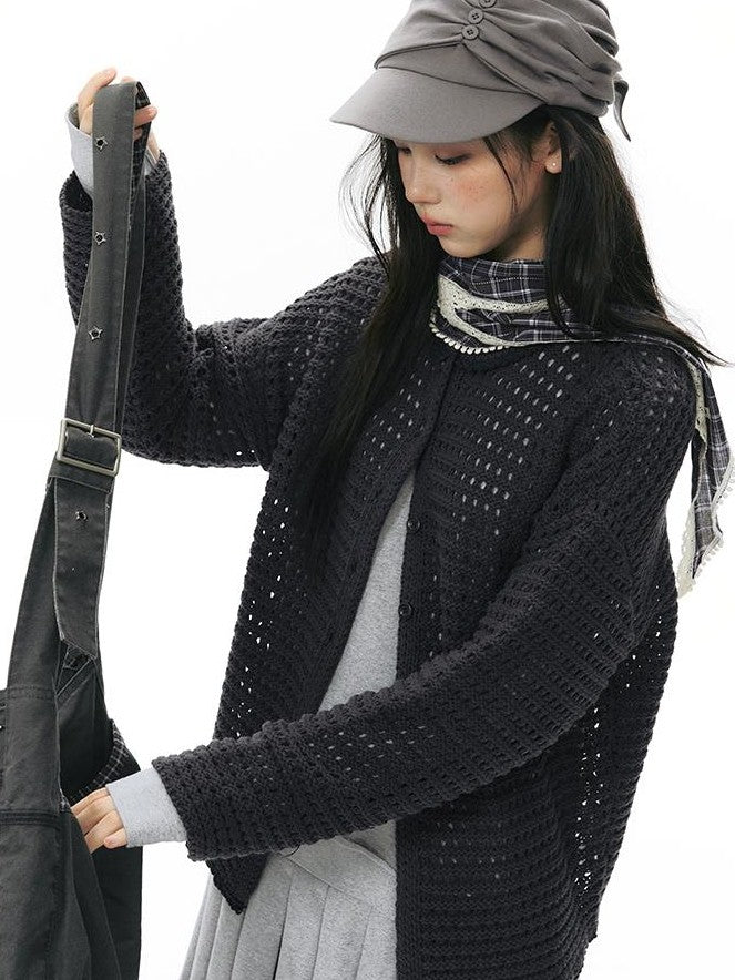 NAPSNAPS Solid Girlish Openwork Knit Crewneck Buttoned Women&