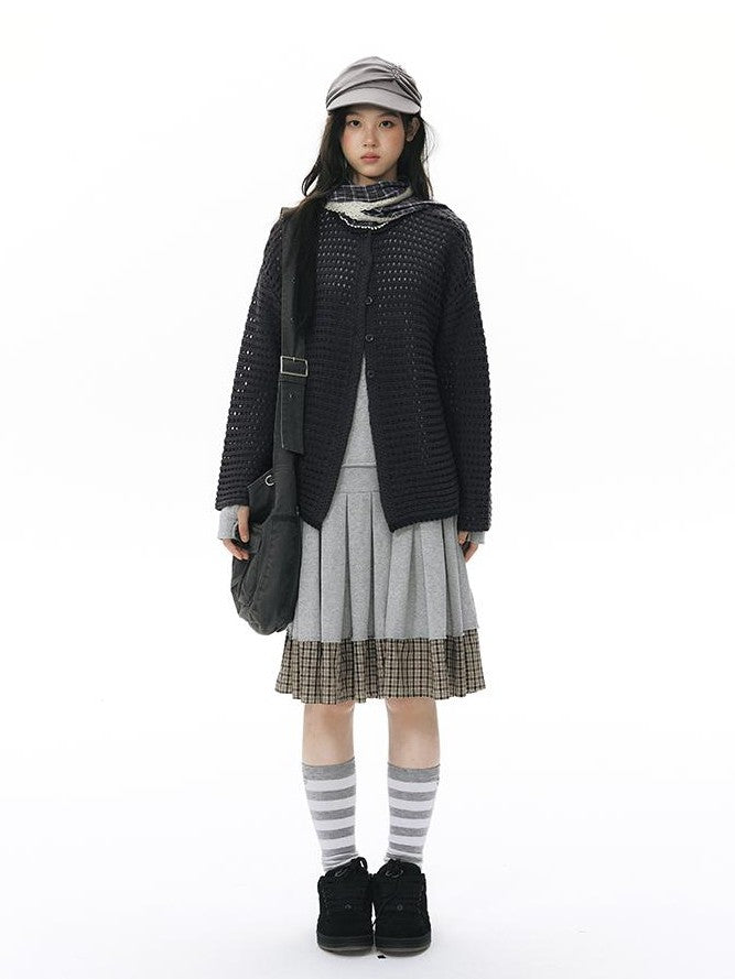 NAPSNAPS Solid Girlish Openwork Knit Crewneck Buttoned Women&