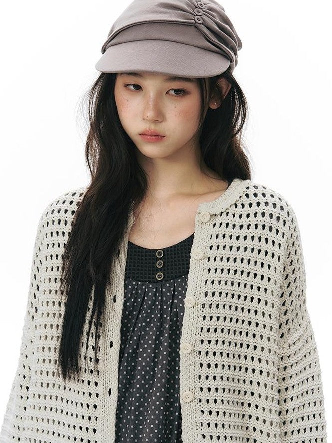 NAPSNAPS Solid Girlish Openwork Knit Crewneck Buttoned Women&