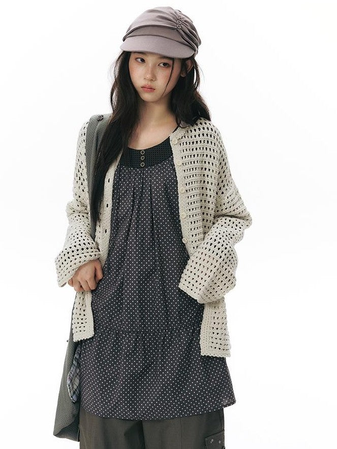 NAPSNAPS Solid Girlish Openwork Knit Crewneck Buttoned Women&