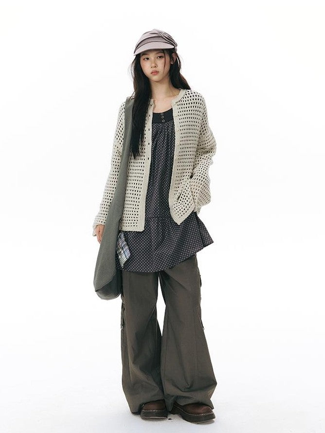 NAPSNAPS Solid Girlish Openwork Knit Crewneck Buttoned Women&