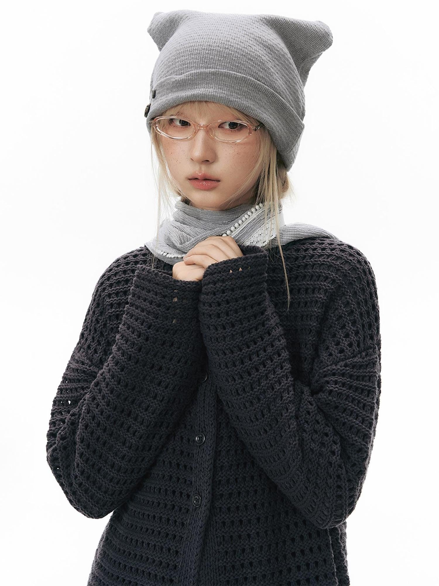 NAPSNAPS Solid Girlish Openwork Knit Crewneck Buttoned Women&