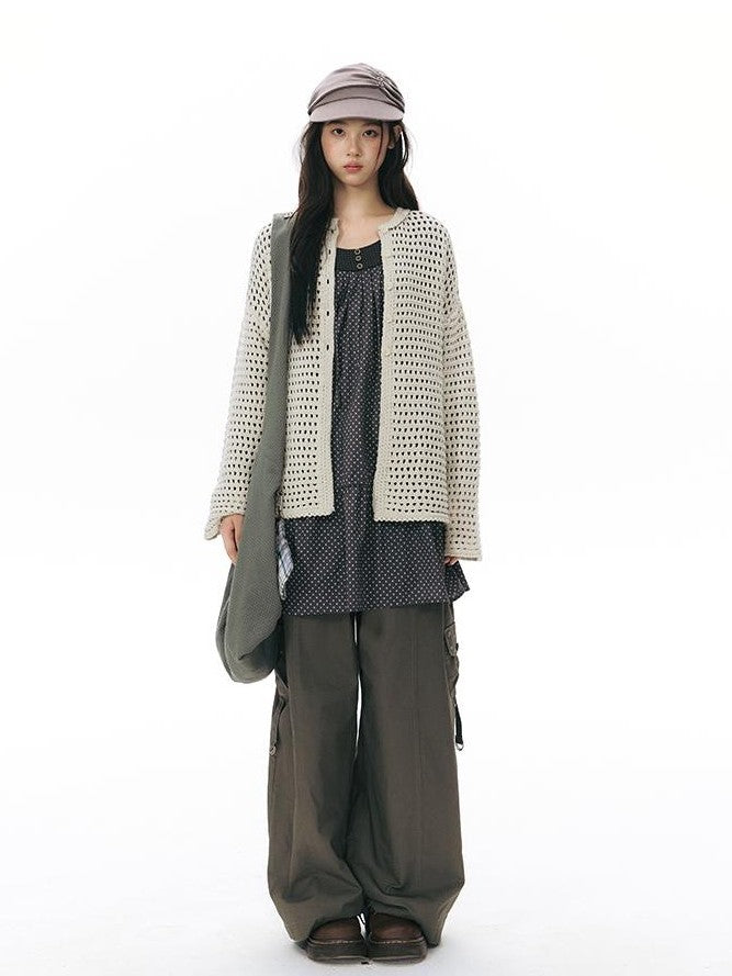 NAPSNAPS Solid Girlish Openwork Knit Crewneck Buttoned Women&
