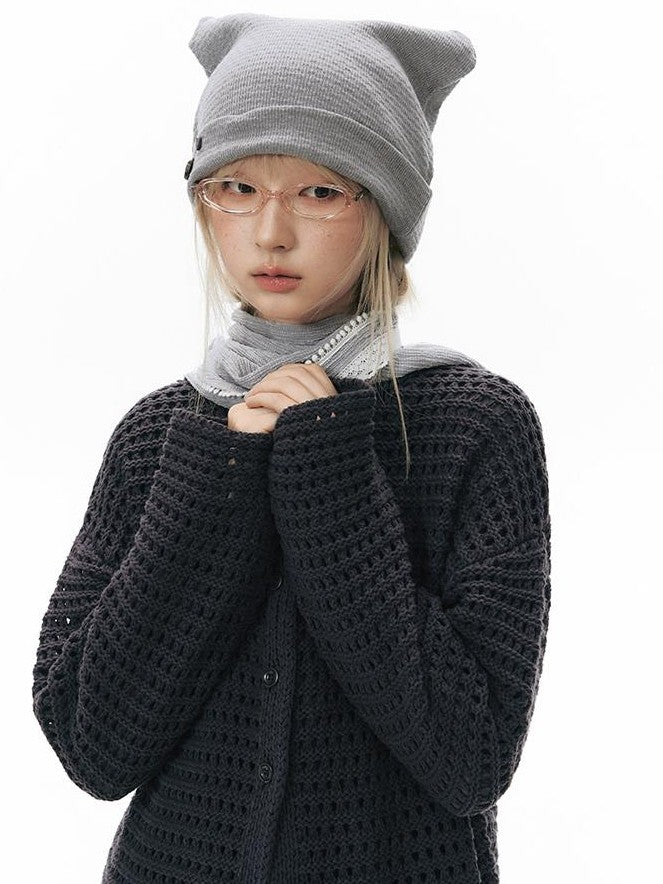 NAPSNAPS Solid Girlish Openwork Knit Crewneck Buttoned Women&