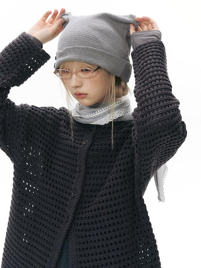 NAPSNAPS Solid Girlish Openwork Knit Crewneck Buttoned Women&