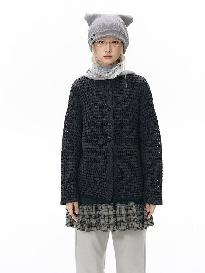 NAPSNAPS Solid Girlish Openwork Knit Crewneck Buttoned Women&