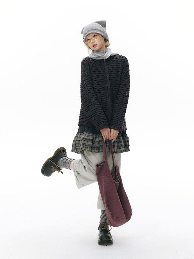 NAPSNAPS Solid Girlish Openwork Knit Crewneck Buttoned Women&
