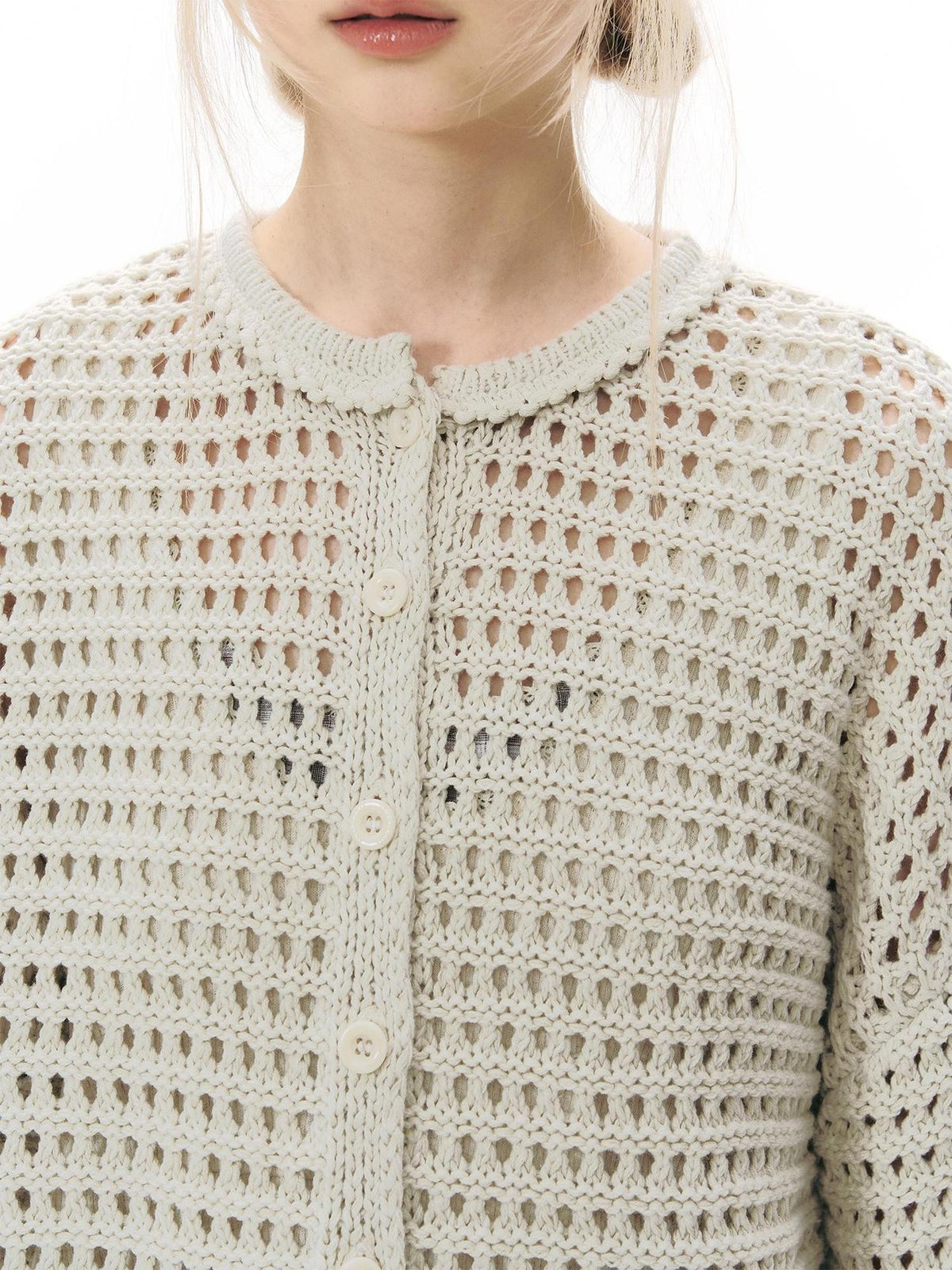 NAPSNAPS Solid Girlish Openwork Knit Crewneck Buttoned Women&