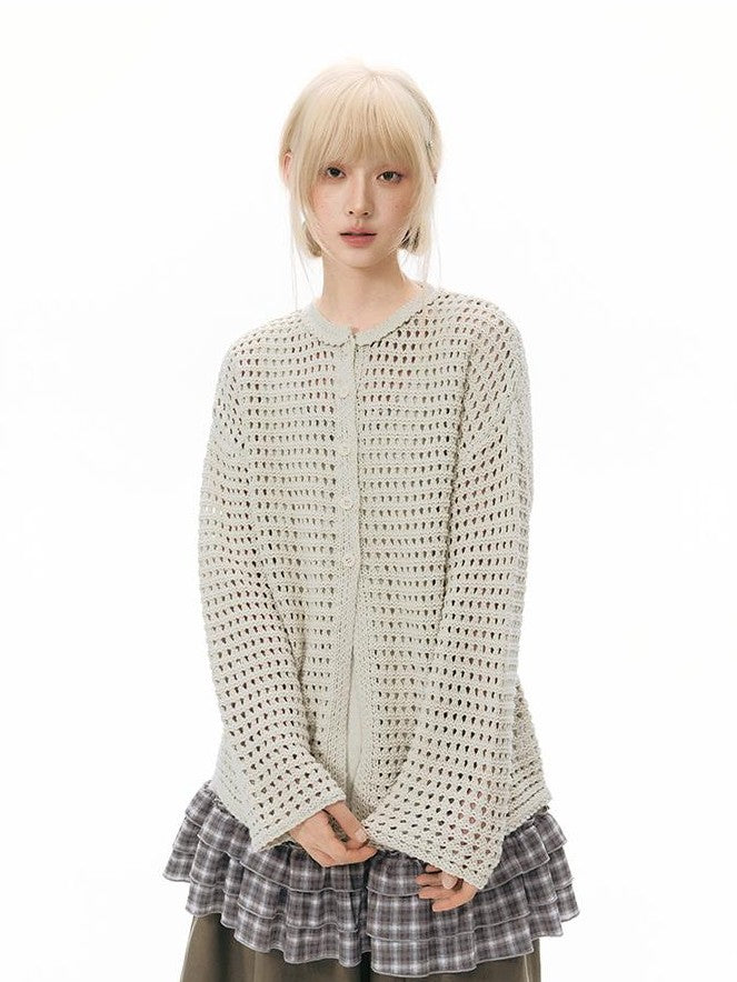 NAPSNAPS Solid Girlish Openwork Knit Crewneck Buttoned Women&