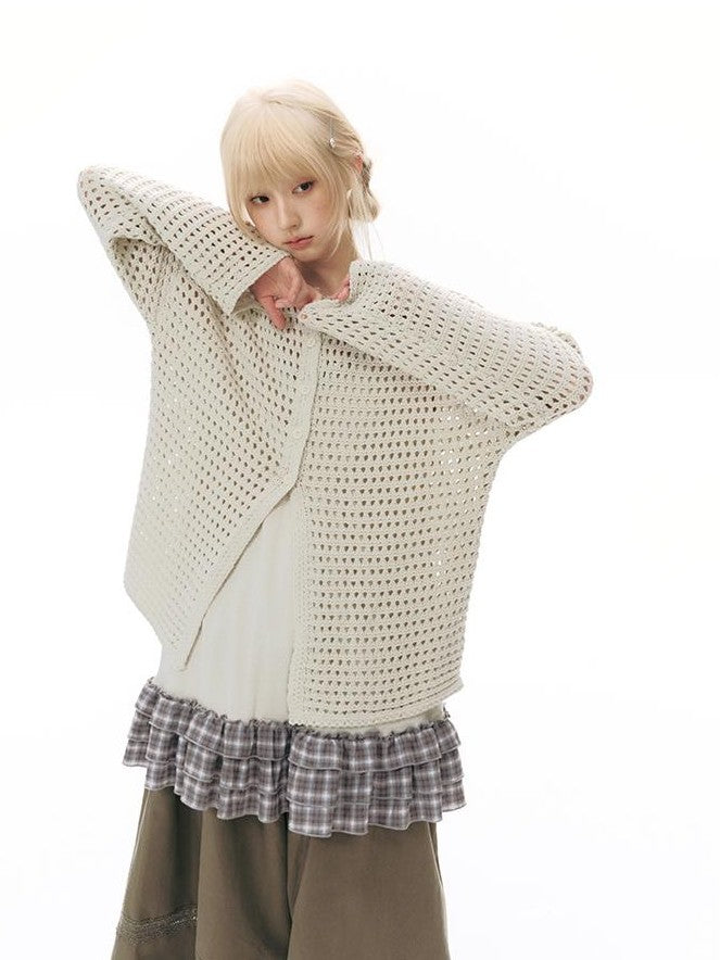 NAPSNAPS Solid Girlish Openwork Knit Crewneck Buttoned Women&