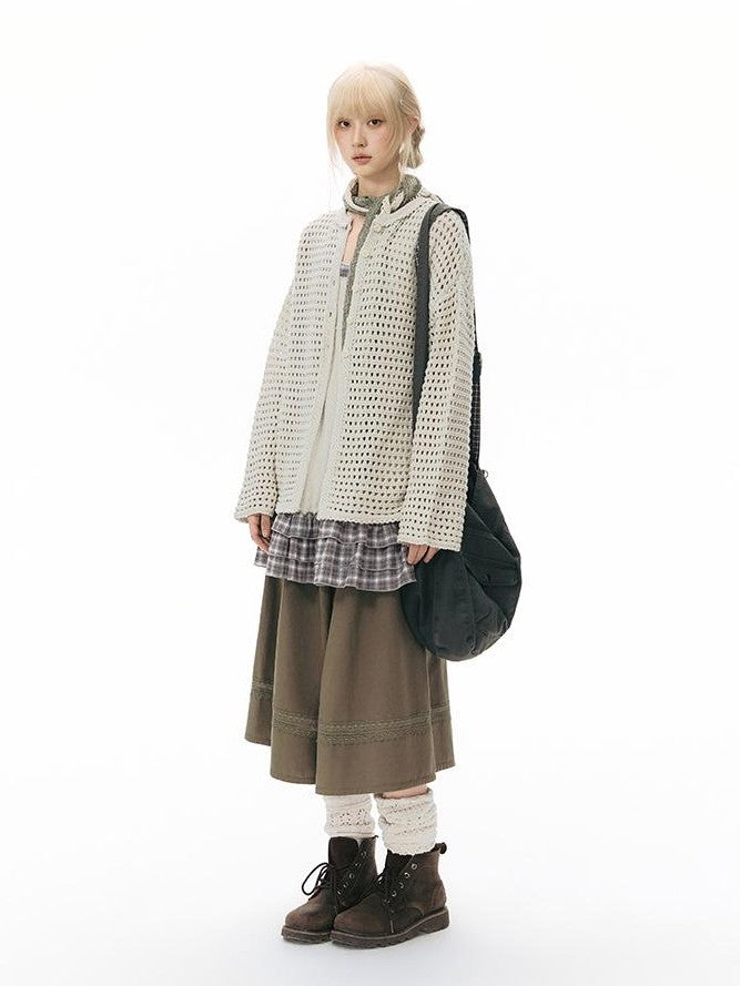 NAPSNAPS Solid Girlish Openwork Knit Crewneck Buttoned Women&