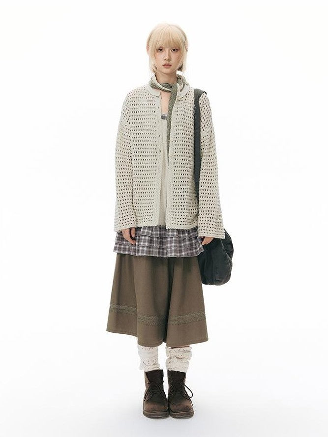 NAPSNAPS Solid Girlish Openwork Knit Crewneck Buttoned Women&