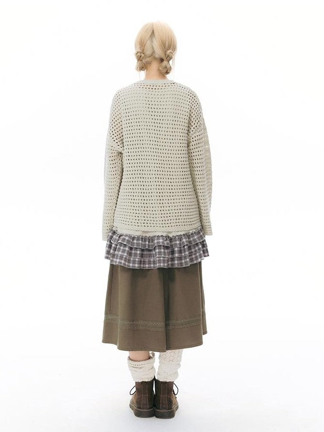 NAPSNAPS Solid Girlish Openwork Knit Crewneck Buttoned Women&