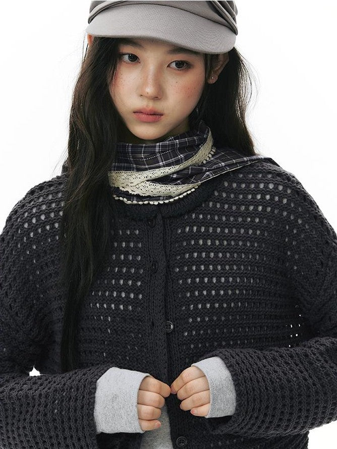 NAPSNAPS Solid Girlish Openwork Knit Crewneck Buttoned Women&
