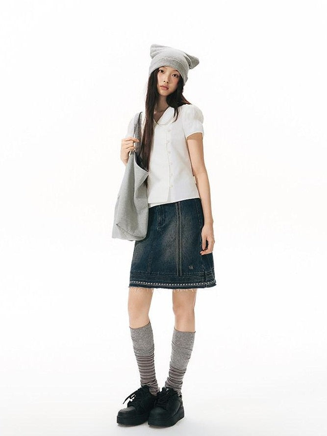 NAPSNAPS Solid Puff Sleeve Doll Collar Diagonal Placket Women&