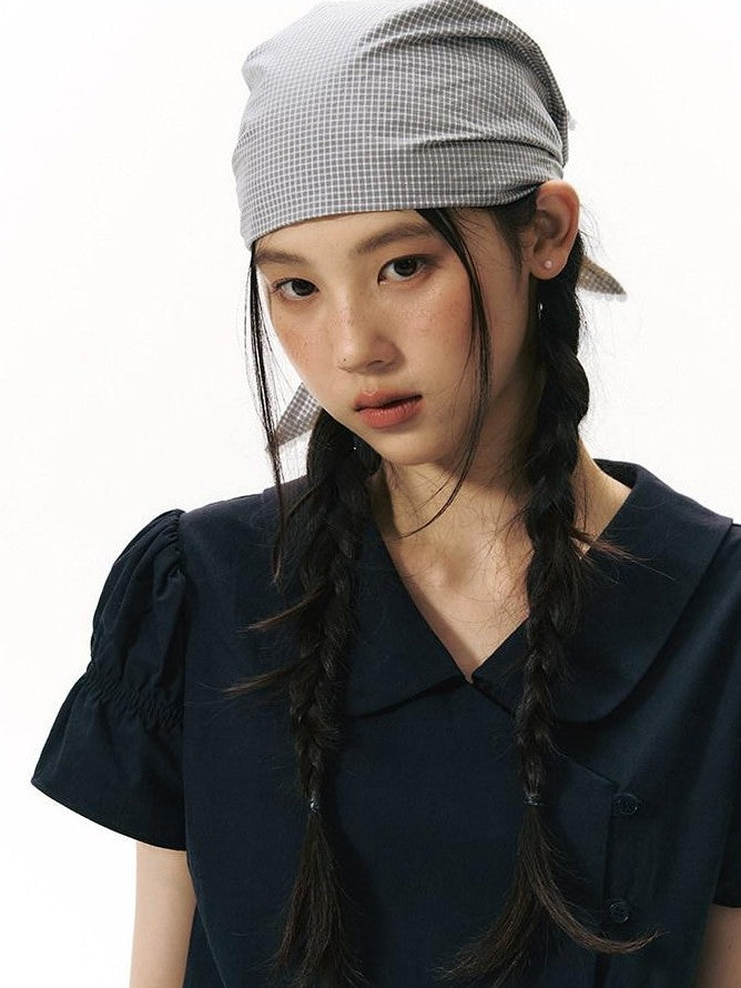 NAPSNAPS Solid Puff Sleeve Doll Collar Diagonal Placket Women&