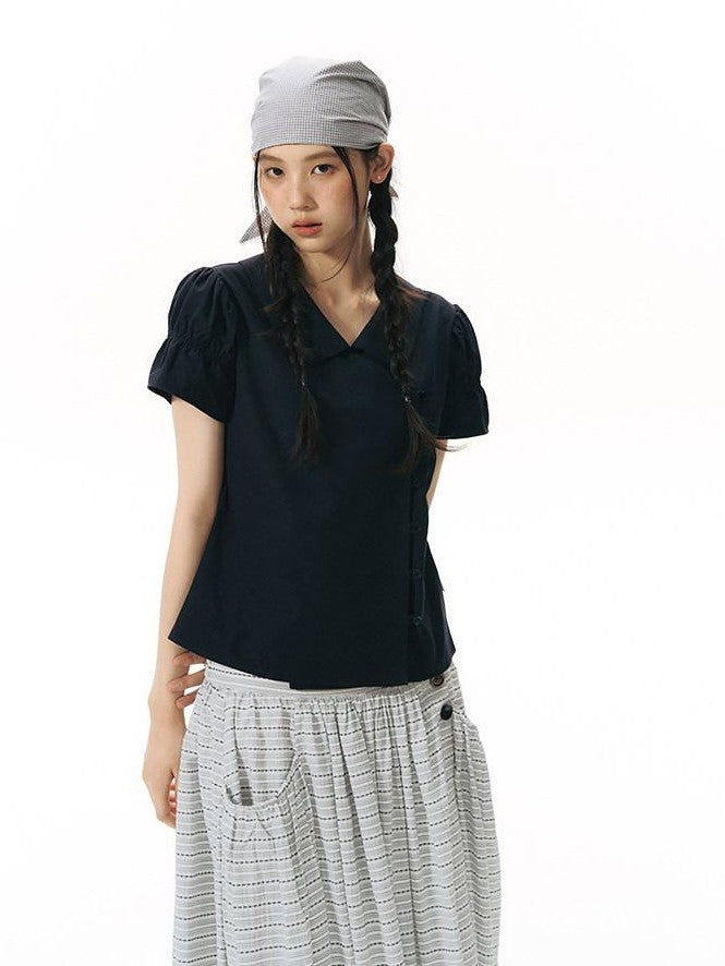 NAPSNAPS Solid Puff Sleeve Doll Collar Diagonal Placket Women&