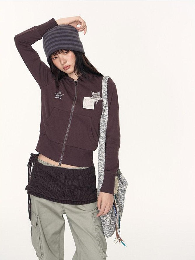 NAPSNAPS Star Applique Embroidered Zip Up Hooded Slim Fit Women&