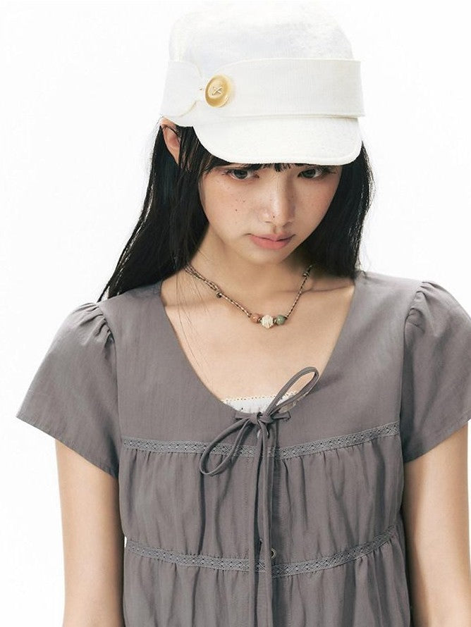 NAPSNAPS Star Print Puff Sleeve Waist Cinched Button Women&