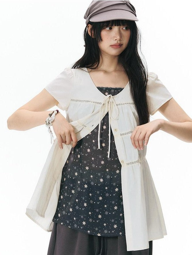 NAPSNAPS Star Print Puff Sleeve Waist Cinched Button Women&