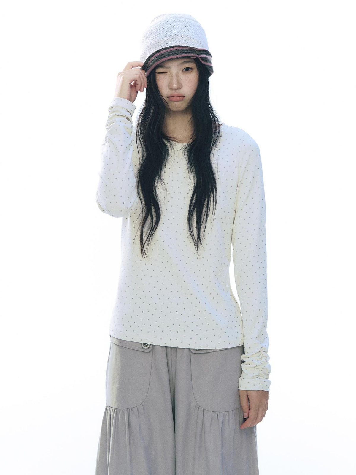 NAPSNAPS Star Print Ruffle Trim Round Neck Cotton Women&