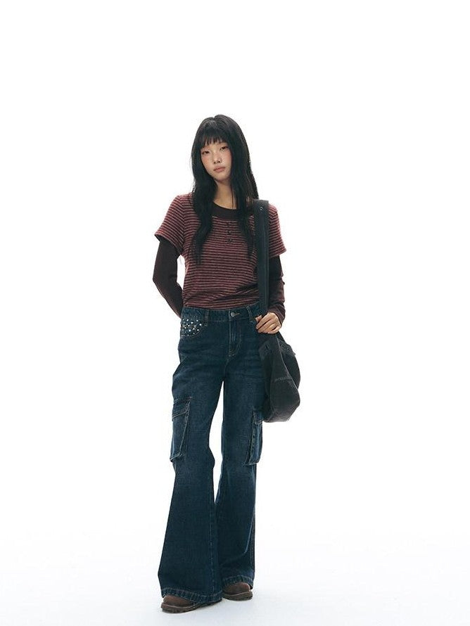 NAPSNAPS Star Print Vintage Pocket Low Waist Button Fly Women&