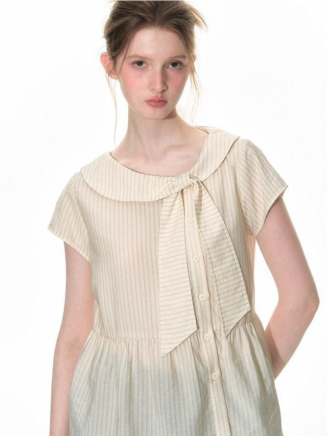 NAPSNAPS Striped Doll Collar Tie Slanted Placket Women&