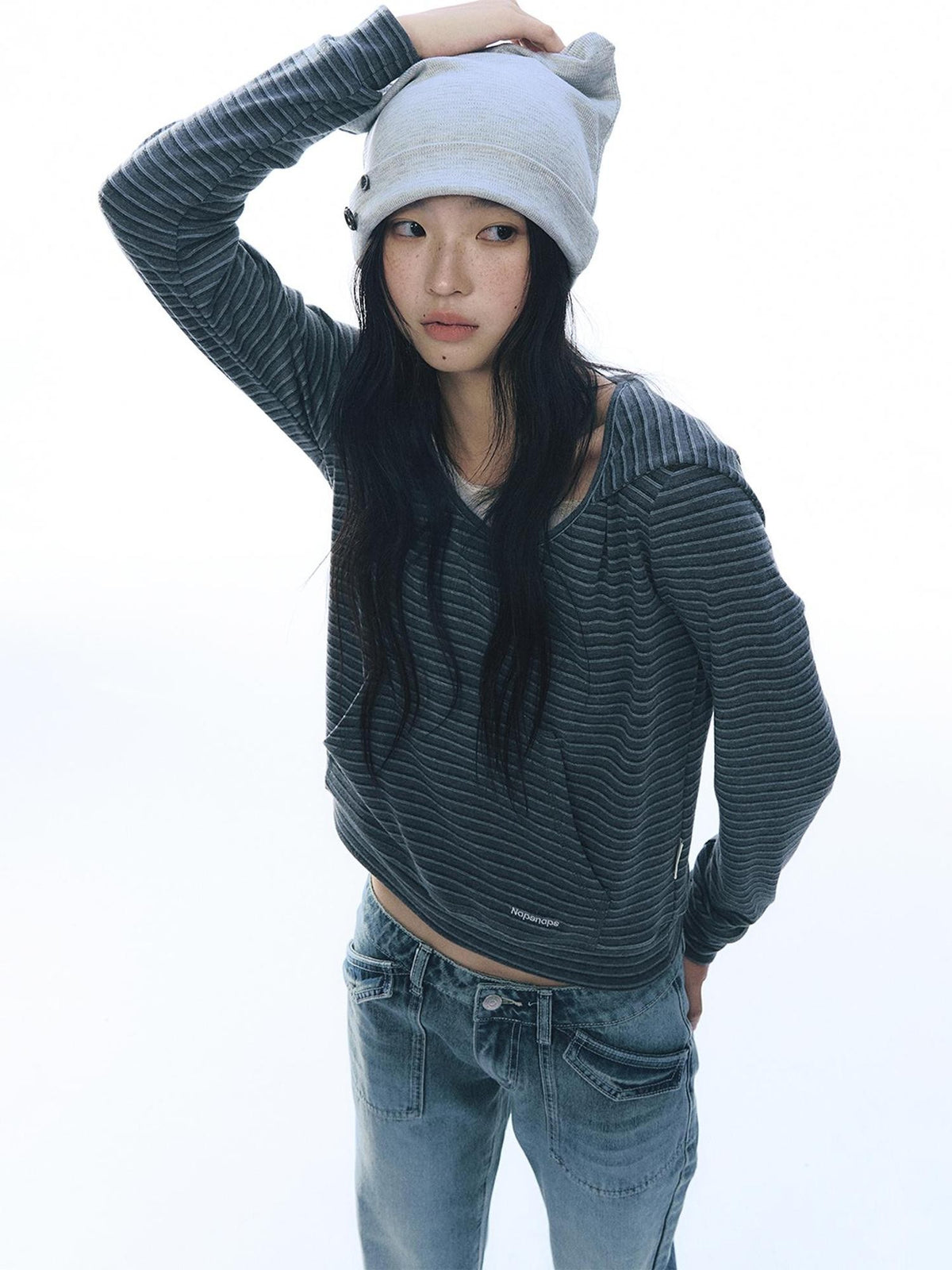 NAPSNAPS Striped Embroidered Hooded U Neck Knit Women&