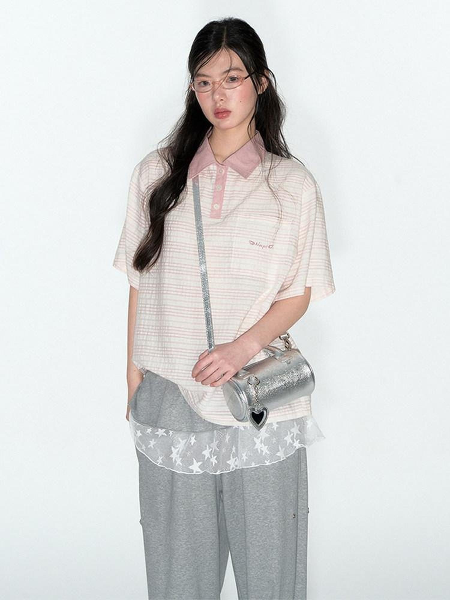 NAPSNAPS Striped Embroidered Spliced Polo Collar Women&