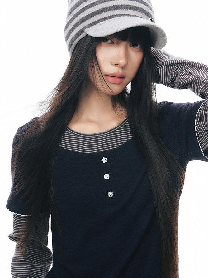 NAPSNAPS Striped Faux Layered Henley Knit Women&