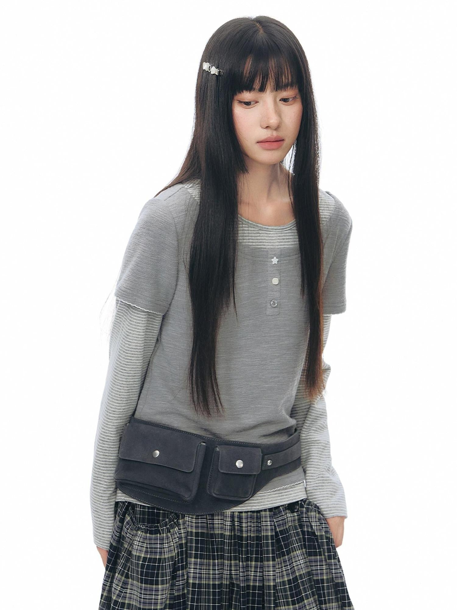 NAPSNAPS Striped Faux Layered Henley Knit Women&