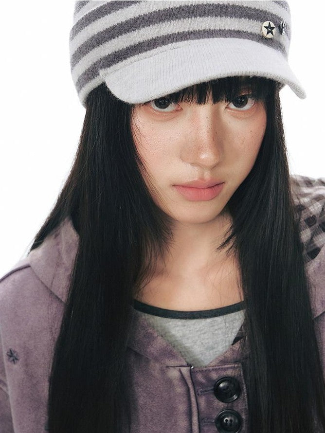 NAPSNAPS Striped Knitted Button Closure Flat Brim Women&