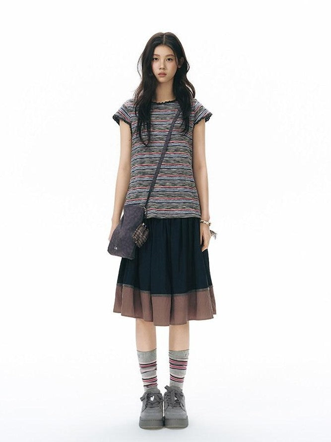 NAPSNAPS Striped Lace Trim Slim Waist Flutter Sleeve Women&