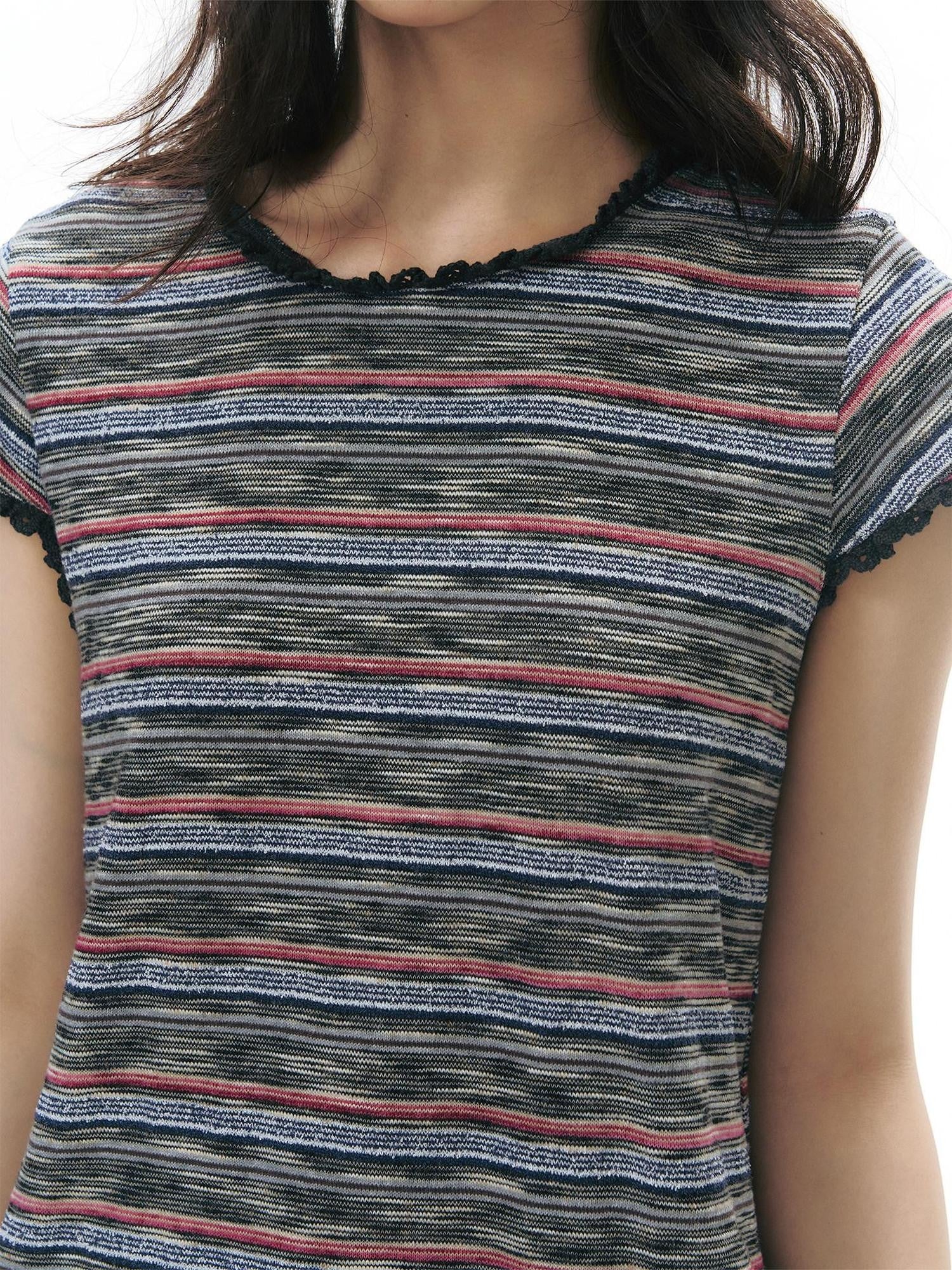 NAPSNAPS Striped Lace Trim Slim Waist Flutter Sleeve Women&
