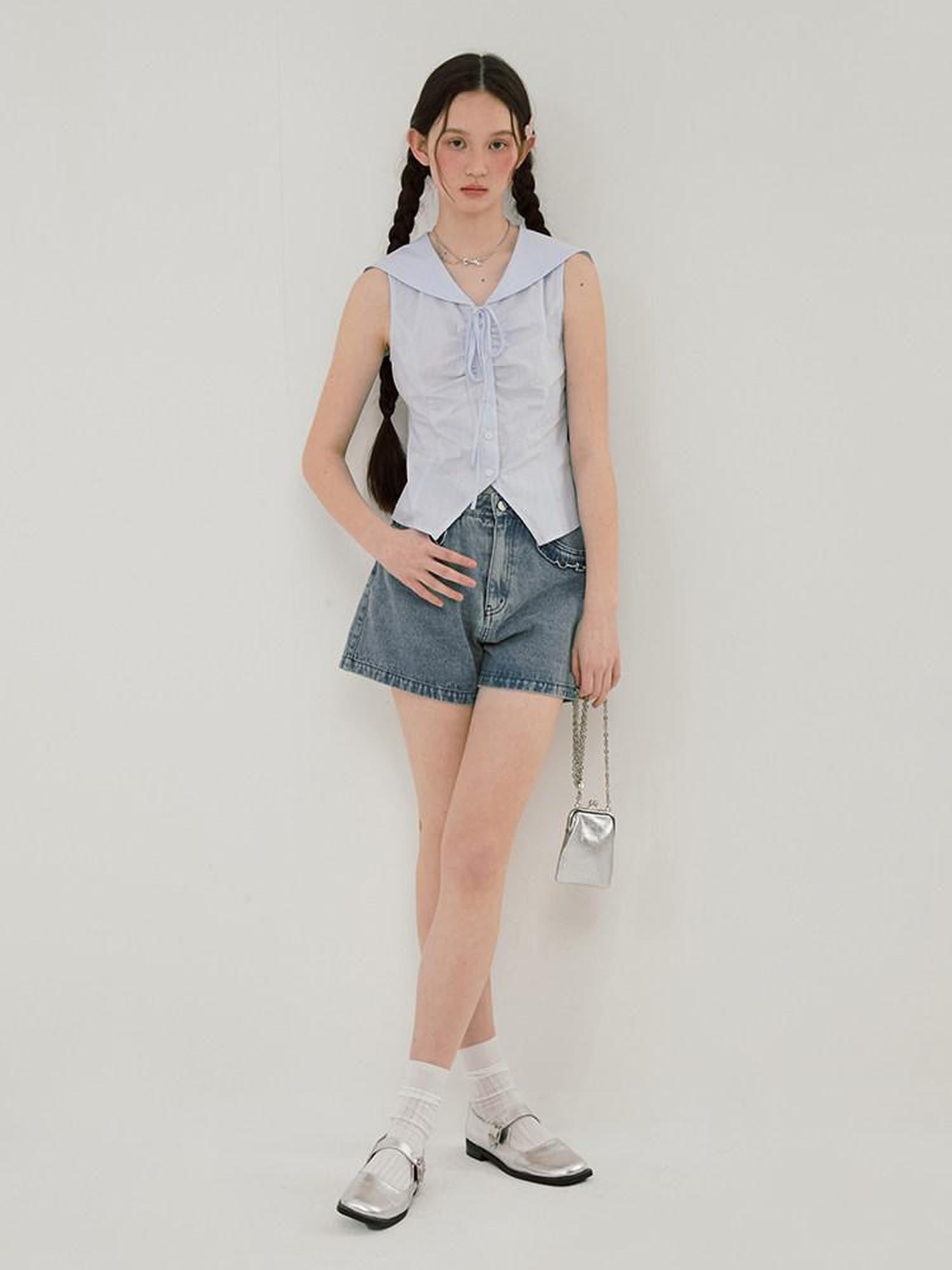 NAPSNAPS Striped Sailor Collar Shirred Waist Women&