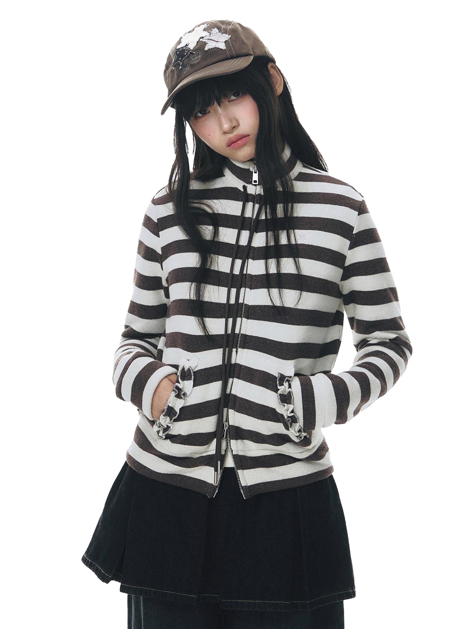 NAPSNAPS Striped Stand Collar Ruffle Zip Women&