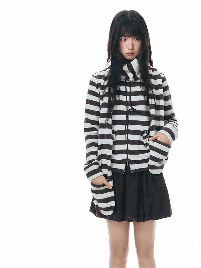 NAPSNAPS Striped Stand Collar Ruffle Zip Women&