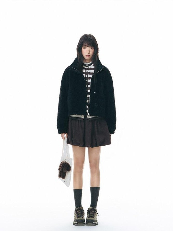 NAPSNAPS Striped Stand Collar Ruffle Zip Women&