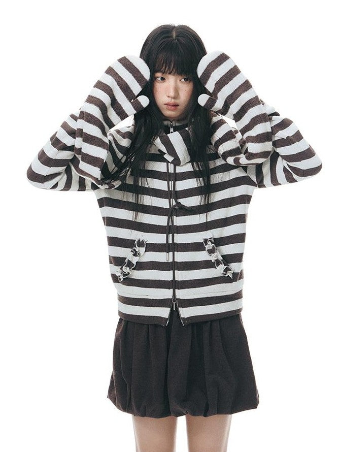 NAPSNAPS Striped Stand Collar Ruffle Zip Women&