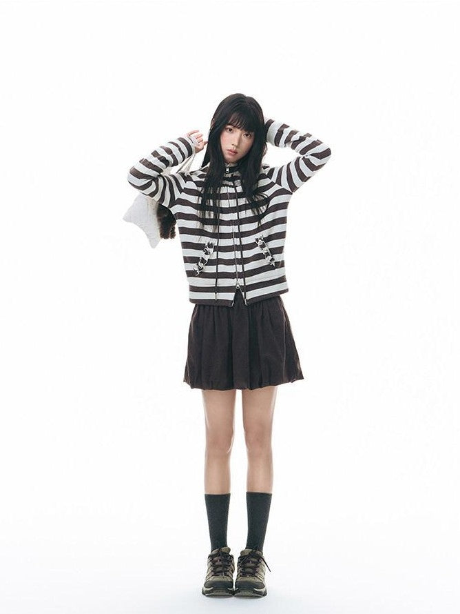NAPSNAPS Striped Stand Collar Ruffle Zip Women&