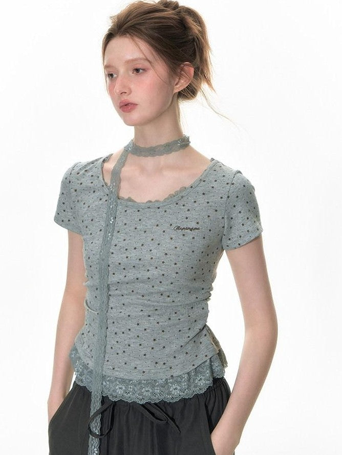 NAPSNAPS Textured Star Print Lace Spliced Women&