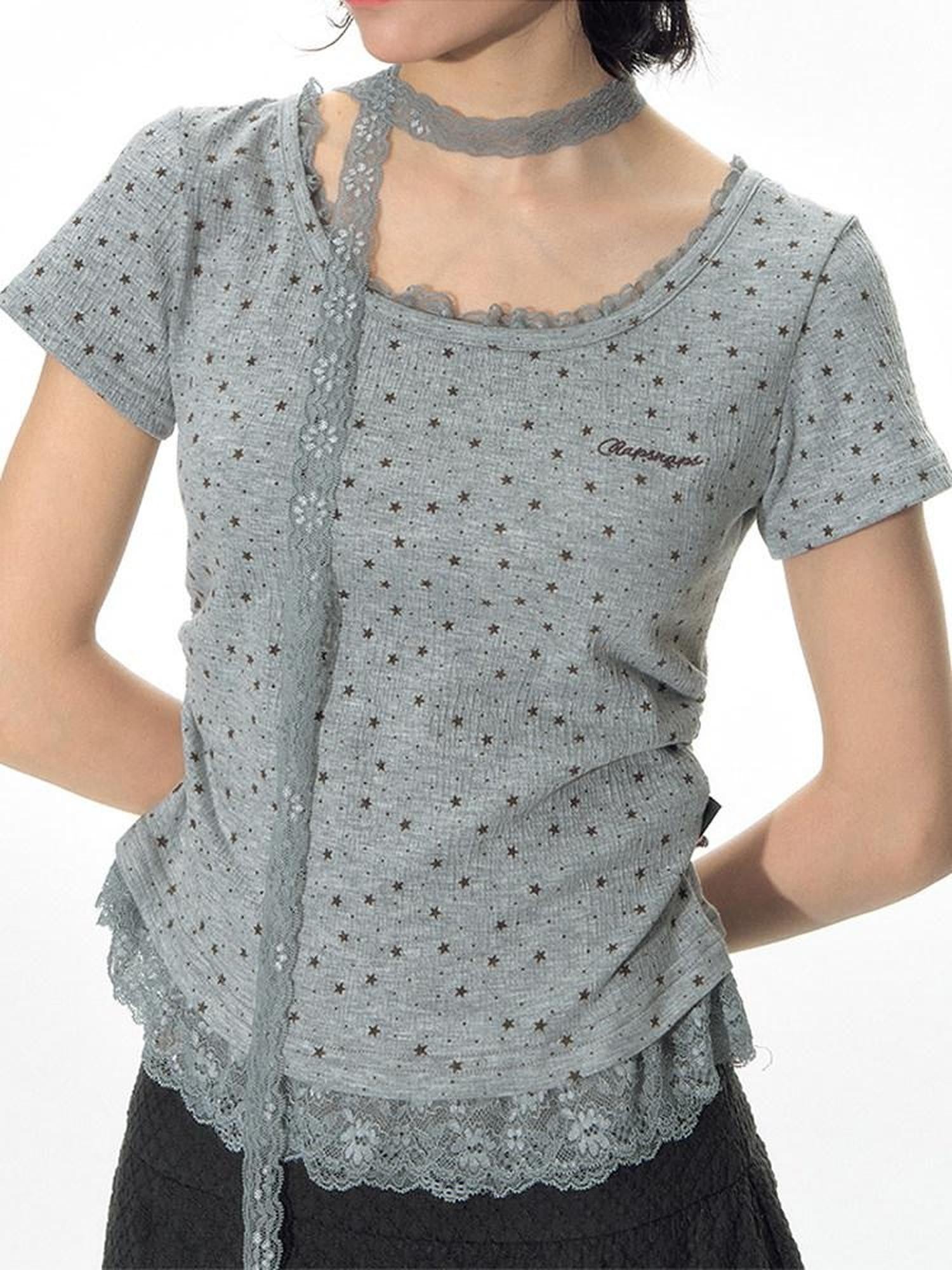 NAPSNAPS Textured Star Print Lace Spliced Women&