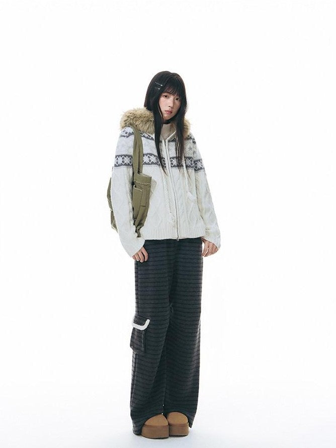 NAPSNAPS Twist Cable Hooded Fur Zip Cardigan Women&