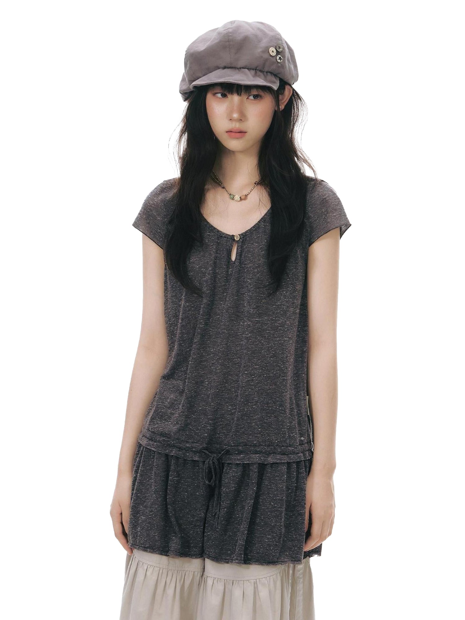 NAPSNAPS Two Piece Illusion Patchwork Frayed Hem Sheer Tie Women&
