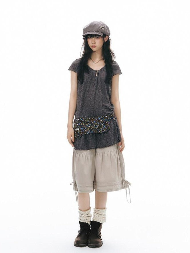 NAPSNAPS Two Piece Illusion Patchwork Frayed Hem Sheer Tie Women&