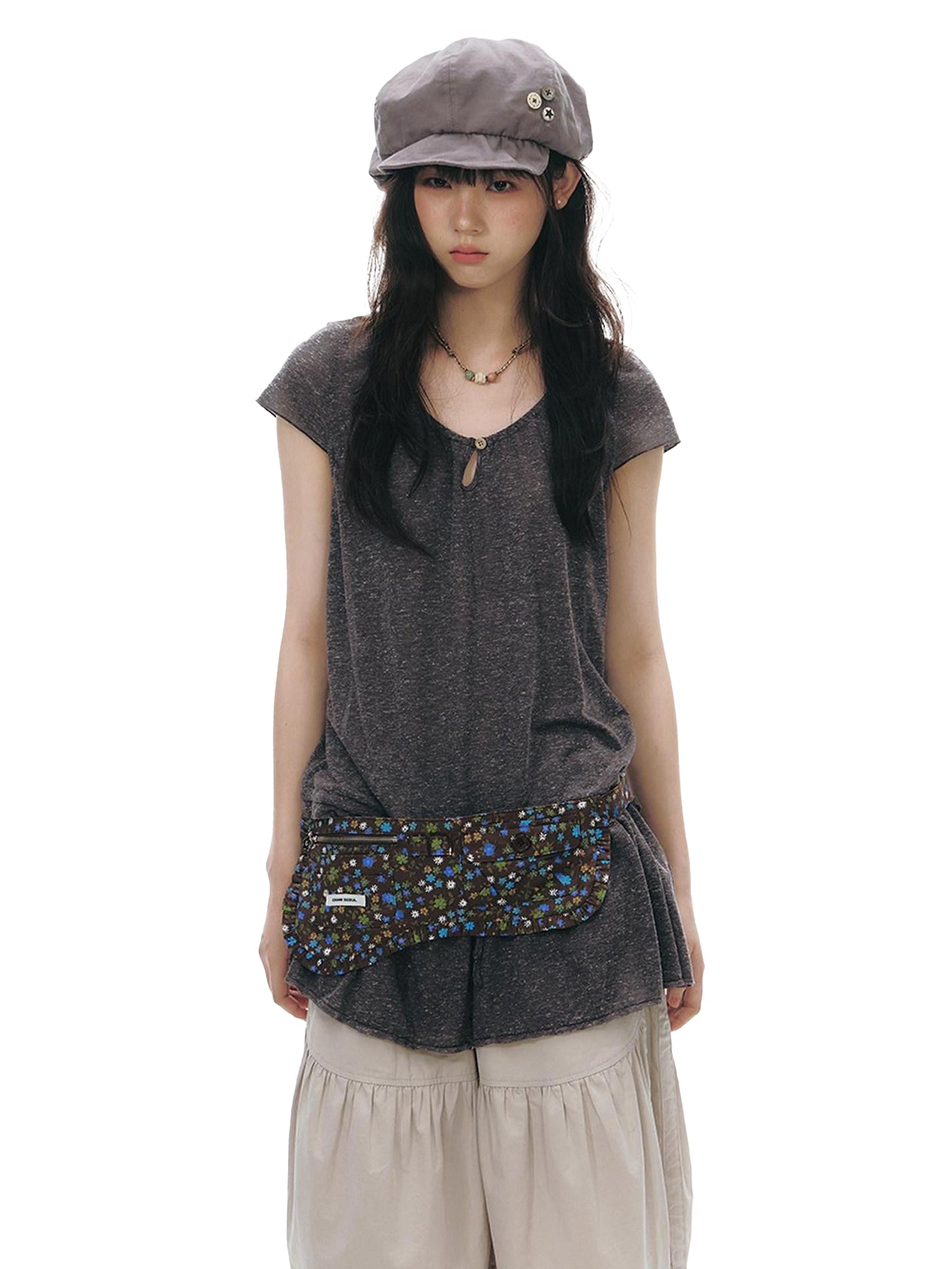 NAPSNAPS Two Piece Illusion Patchwork Frayed Hem Sheer Tie Women&