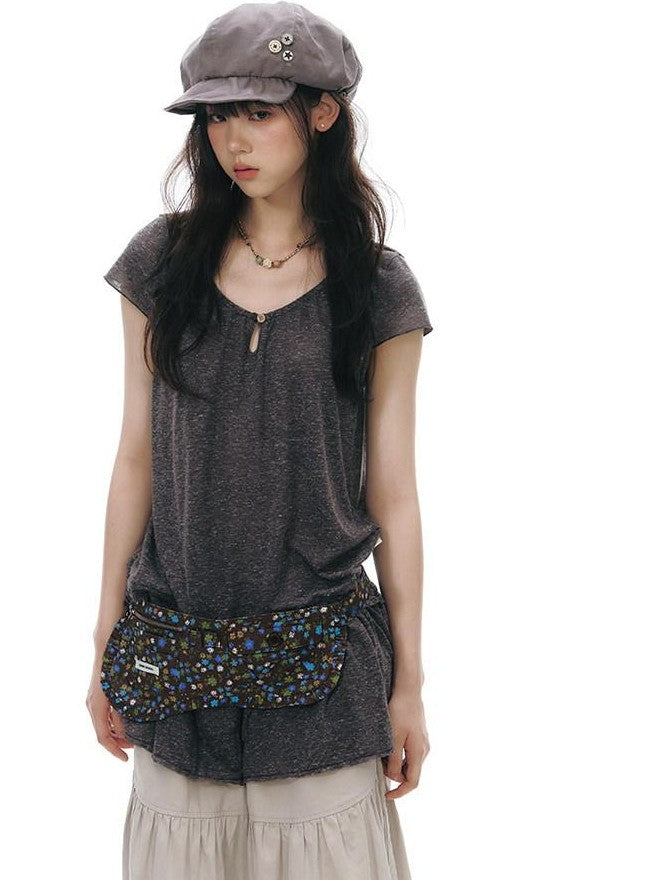 NAPSNAPS Two Piece Illusion Patchwork Frayed Hem Sheer Tie Women&
