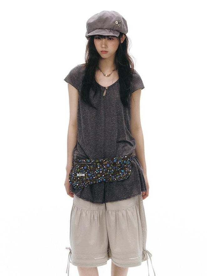 NAPSNAPS Two Piece Illusion Patchwork Frayed Hem Sheer Tie Women&